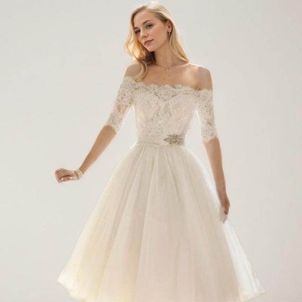 A-Line Tea Length Lace Tulle Wedding Dress